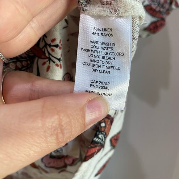 Joie Floral Red & Cream Linen Blend Balloon Sleeve Button Up Blouse Size M - Picture 9 of 10